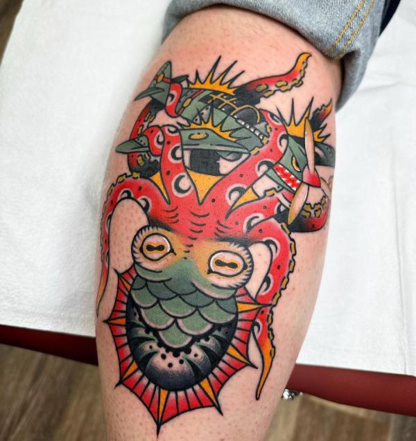 Traditional kraken calf tattoo