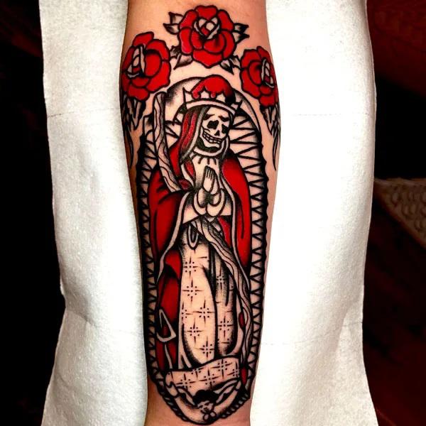 Traditional santa muerte and roses tattoo