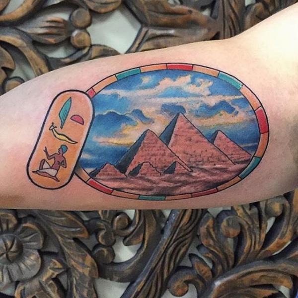Traditional style Egyptian Pyramid with Cartouche Hieroglyphics tattoo on bicep