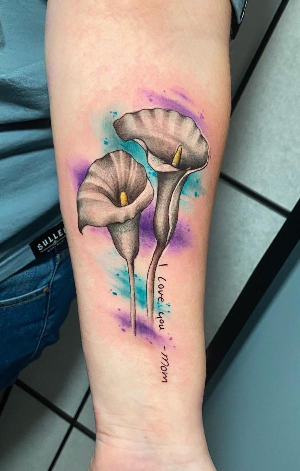 Two black and grey calla lilies on watercolor backdrop with words I love you Mom