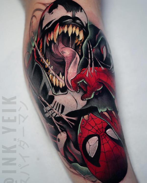 Venom and spiderman calf tattoo