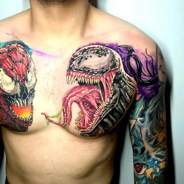 Venom and spiderman chest tattoo