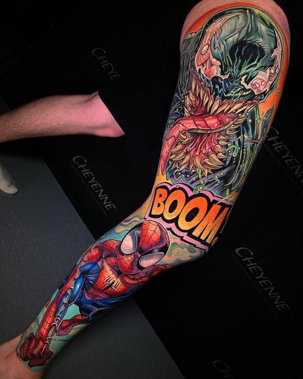 Venom and spiderman full sleeve tattoo