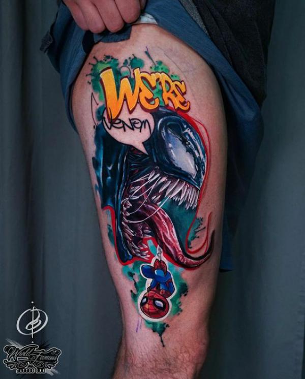 Venom and spiderman thigh tattoo