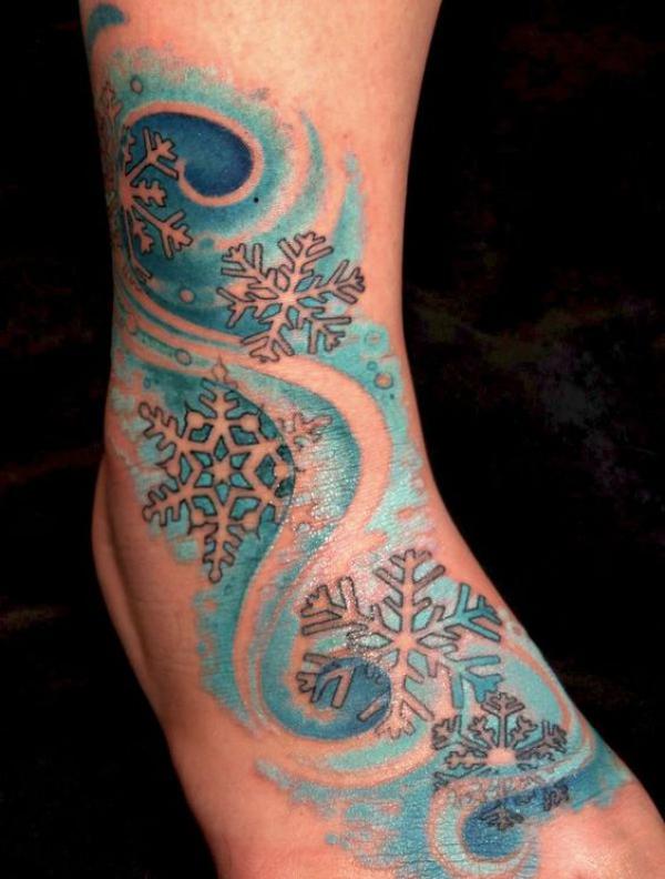 Watercolor Snowflake foot tattoo