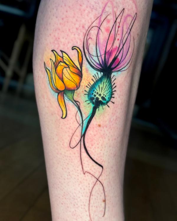 Watercolor Thistle and tulip tattoo