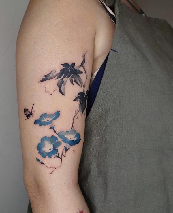 Watercolor butterfly and Morning glory tattoo