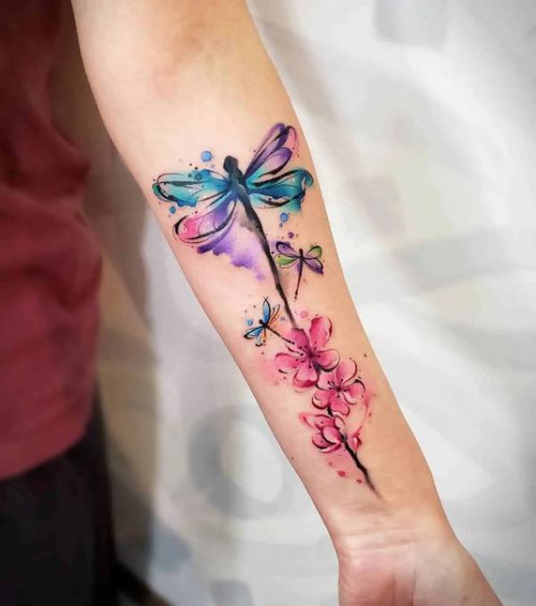 Watercolor cherry blossom and dragonfly tattoo