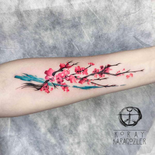 Watercolor cherry blossom and stroke tattoo