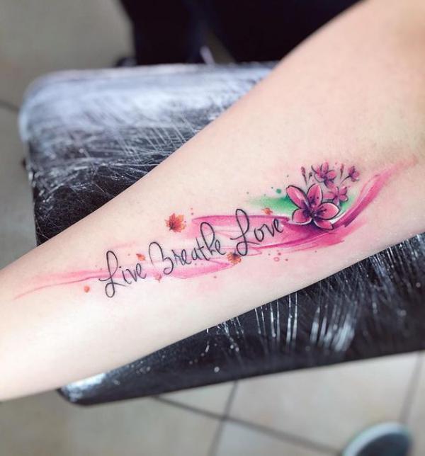Watercolor cherry blossoms with phrases Live Breathe Love