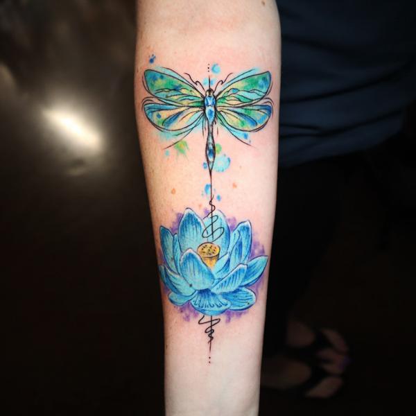 Watercolor dragonfly and lotus in blue color