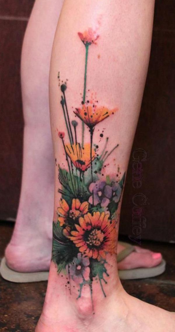 Watercolor flower lower leg tattoo