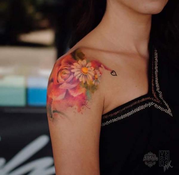 Watercolor flower shoulder tattoo