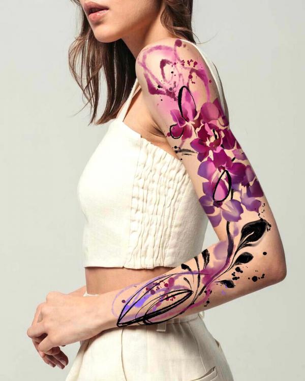Watercolor orchid floral full sleeves tattoo