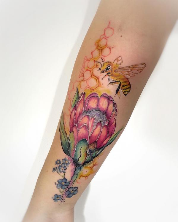 Watercolor protea and bee on hexagonal background