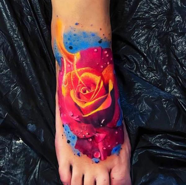 Watercolor rose floral foot tattoo
