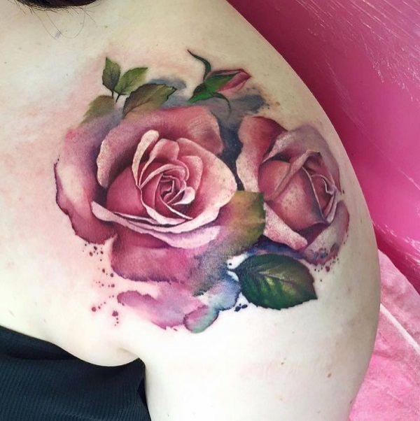Watercolor rose shoulder tattoo