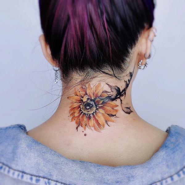 Watercolor sunflower back neck tattoo