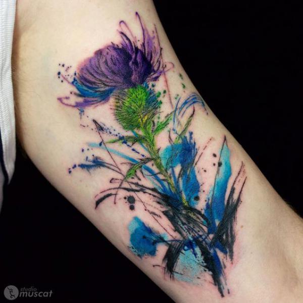 Watercolor thistle tattoo