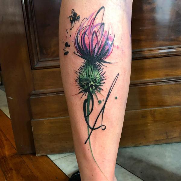 Watercolor thistle with bee tattoo