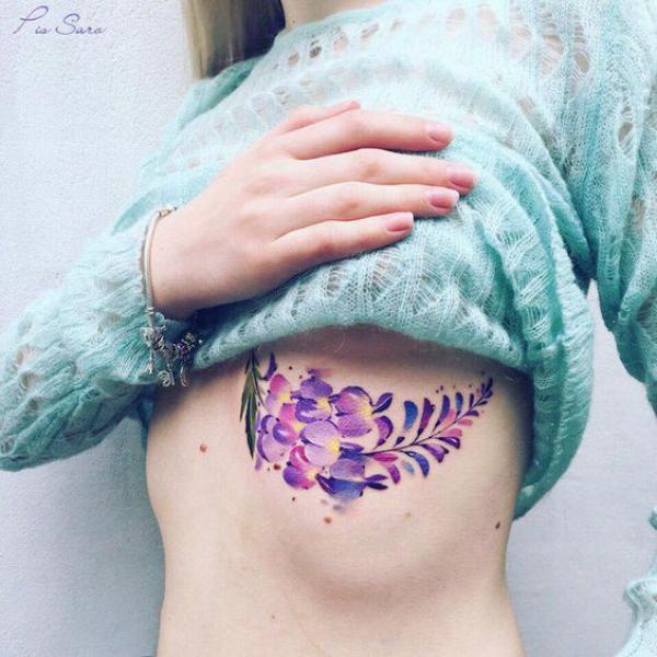 Watercolor wisteria underboob tattoo