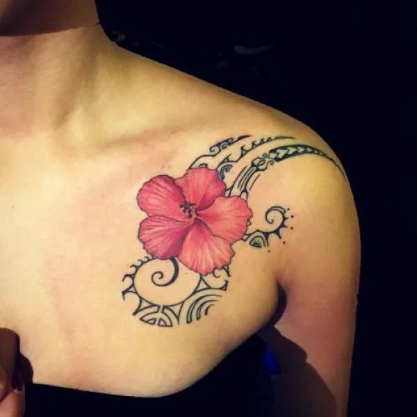 hibiscus tribal shoulder tattoo