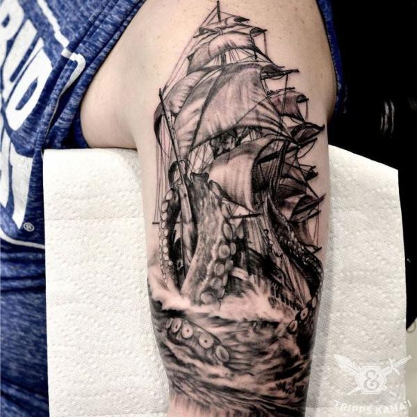 kraken and ship half sleeve tattoo