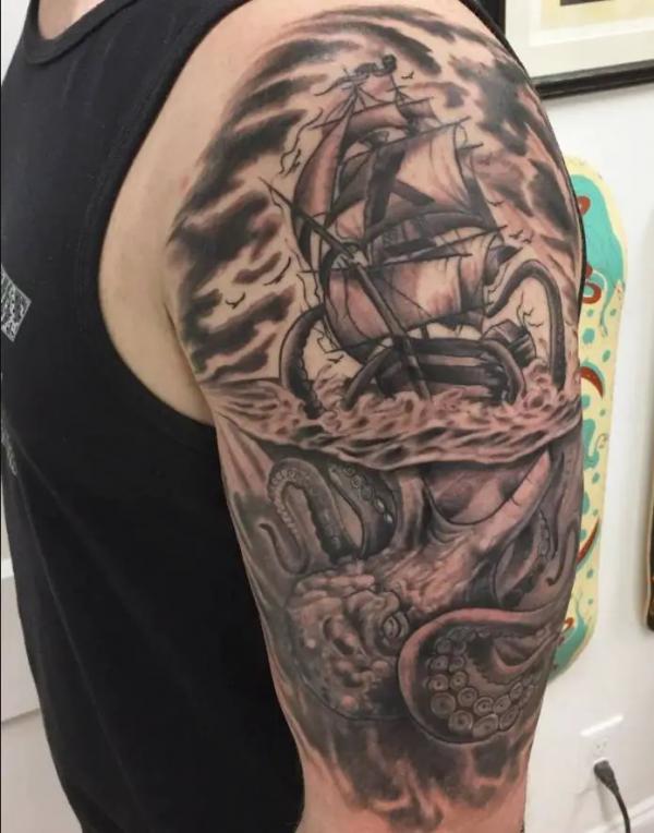 kraken ship half sleeve tattoo