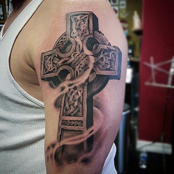 3D Celtic cross in wind half sleeve tattoo