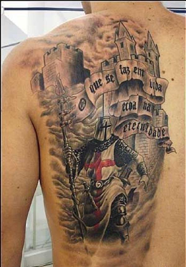 A crusader knight holding a spear before castle