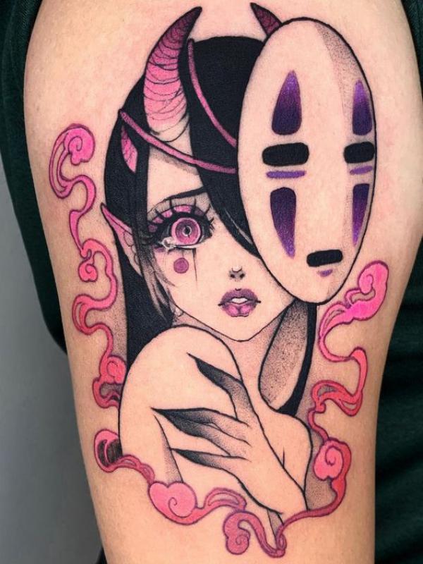 A girl with No Face mask tattoo