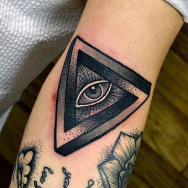 All seeing eye Penrose triangle tattoo on elbow