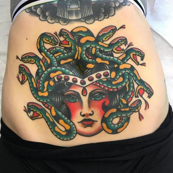 American traditional Medusa low back tattoo