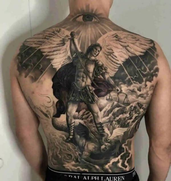 Archangel Michael back tattoo