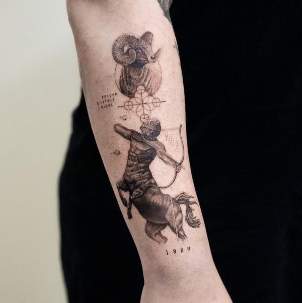 Aries Ram and Sagittarius centaur tattoo