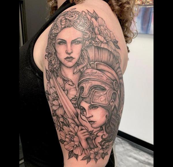 Athena and Medusa tattoo sleeve