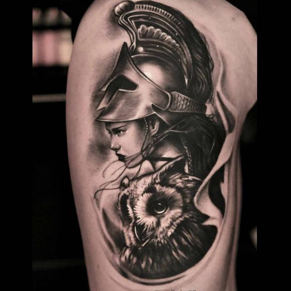 Athena and owl tattoo on upper arm