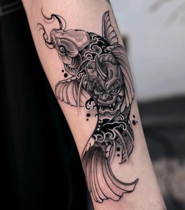 Black and grey Koi fish and foo dog tattoo