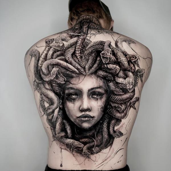 Black and grey Medusa tattoo full back