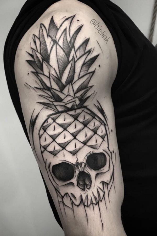 Black and grey Pineapple Skull tattoo sleeve
