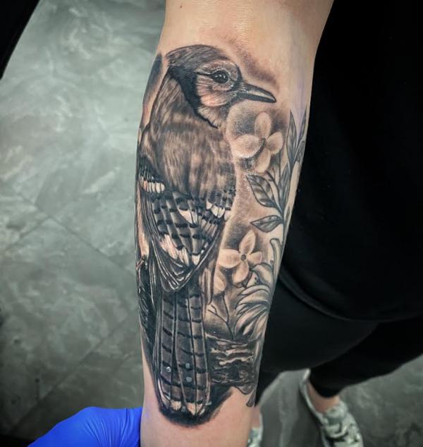 Black and grey blue jay with flower forearm tattoo