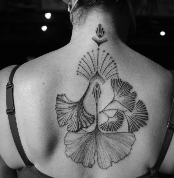 Black and grey ginkgo Leaf back tattoo