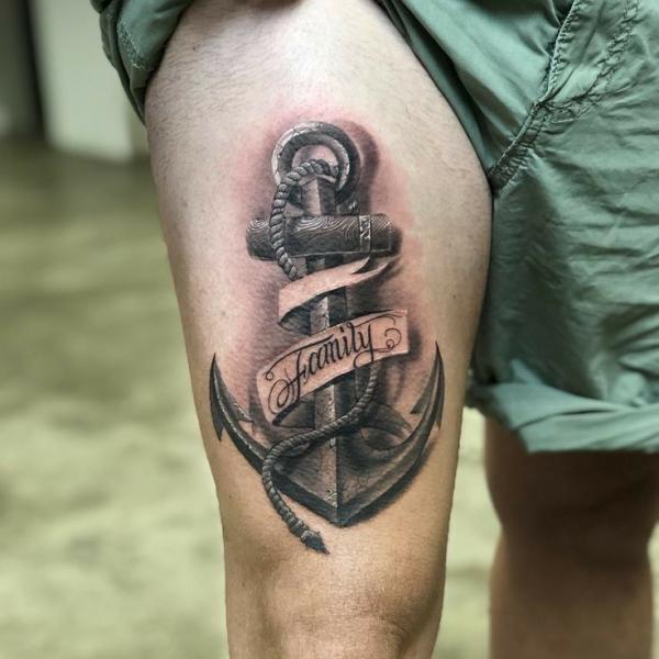 Black and grey realistic anchor above knee tattoo for family