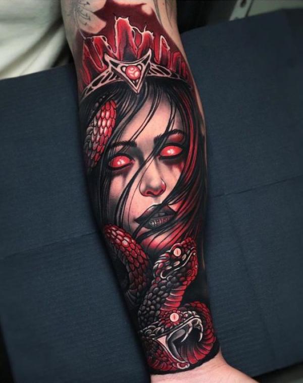 Black and red Medusa inner forearm tatoo tattoo
