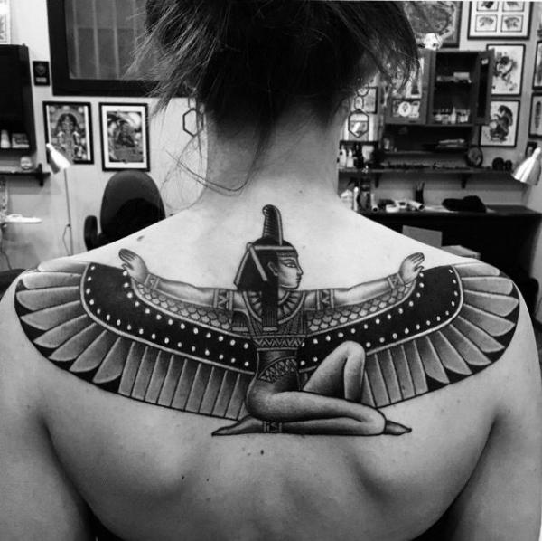 Black and white Egyptian Goddess Maat tattoo