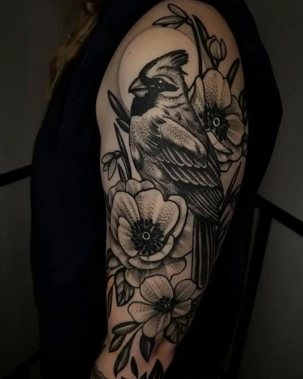 Black and white cardinal and dogwood flower with moon tattoo half sleeve