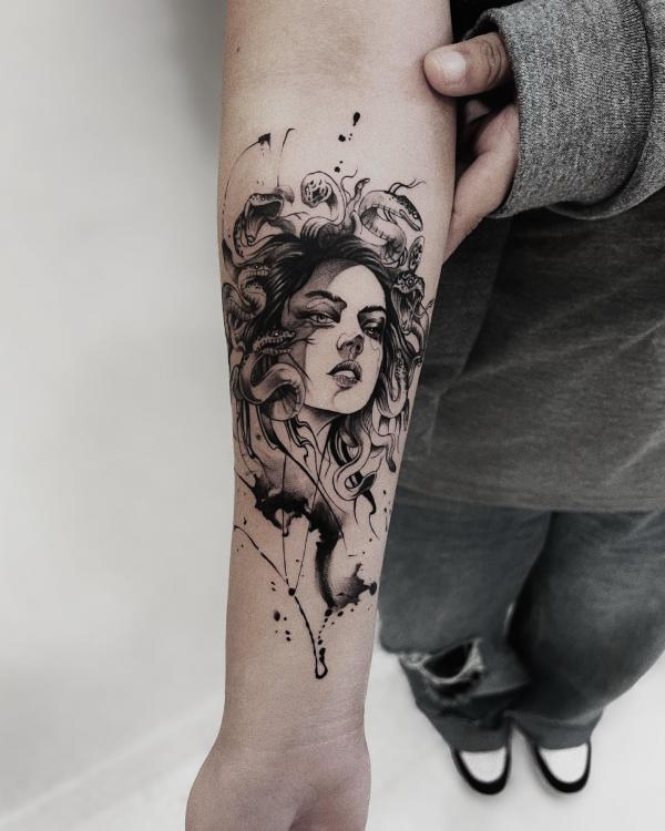 Black ink watercolor Medusa tattoo forearm