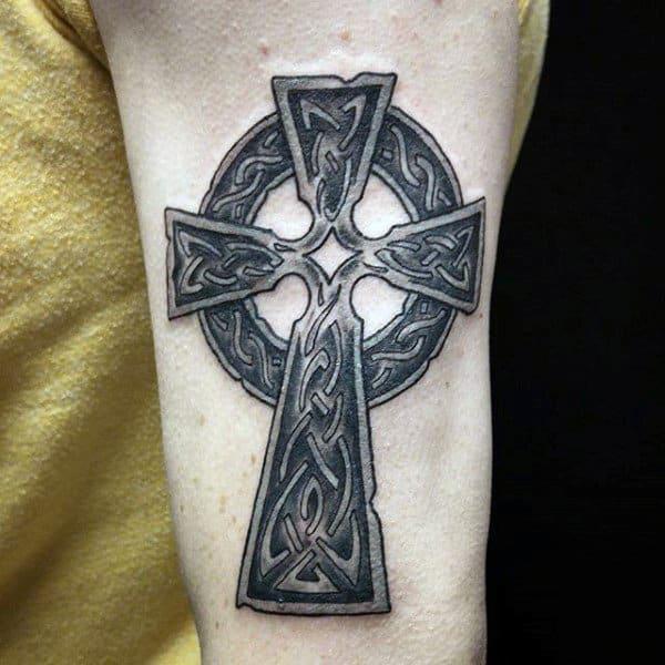 Blackwork Celtic cross with Trinity Knot tattoo
