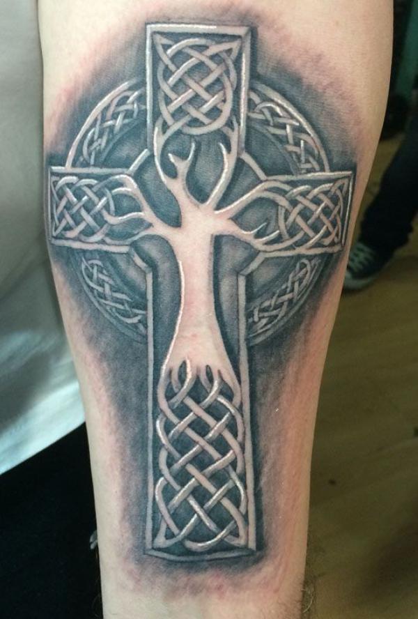 Blackwork Celtic cross with tree of life tattoo