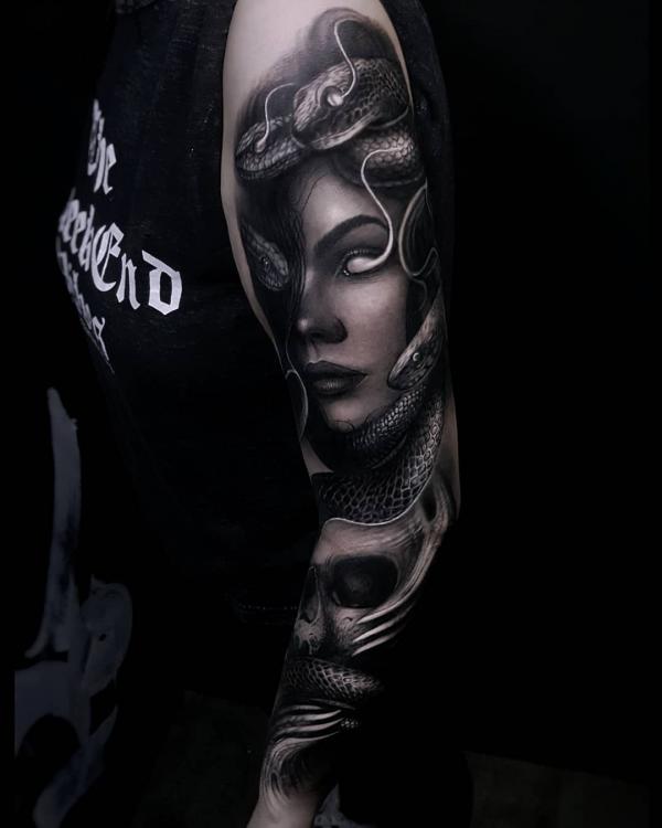Blackwork Medusa tattoo sleeve
